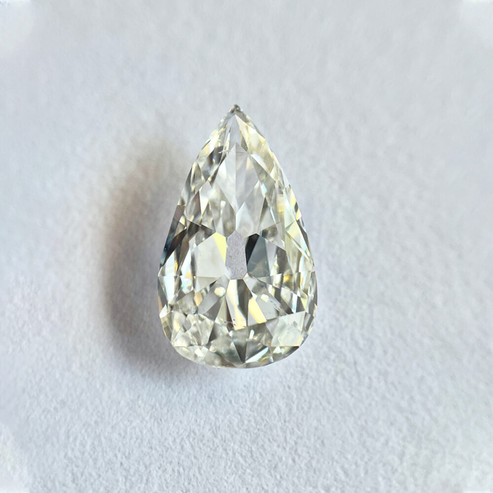 Elongated Pear shape F color old mine cut diamond