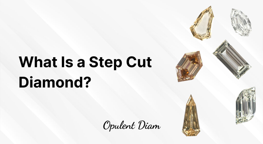 A collection of unique Step Cut Diamond shapes in various colors, showcasing the signature parallel facets and geometric elegance from Opulent Diam.