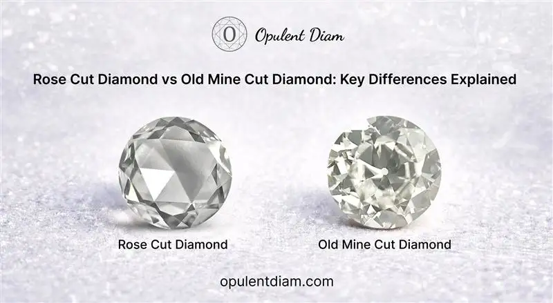Rose Cut Diamond vs Old Mine Cut Diamond side by side comparison showing key differences in facets, shape and sparkle by Opulent Diam.