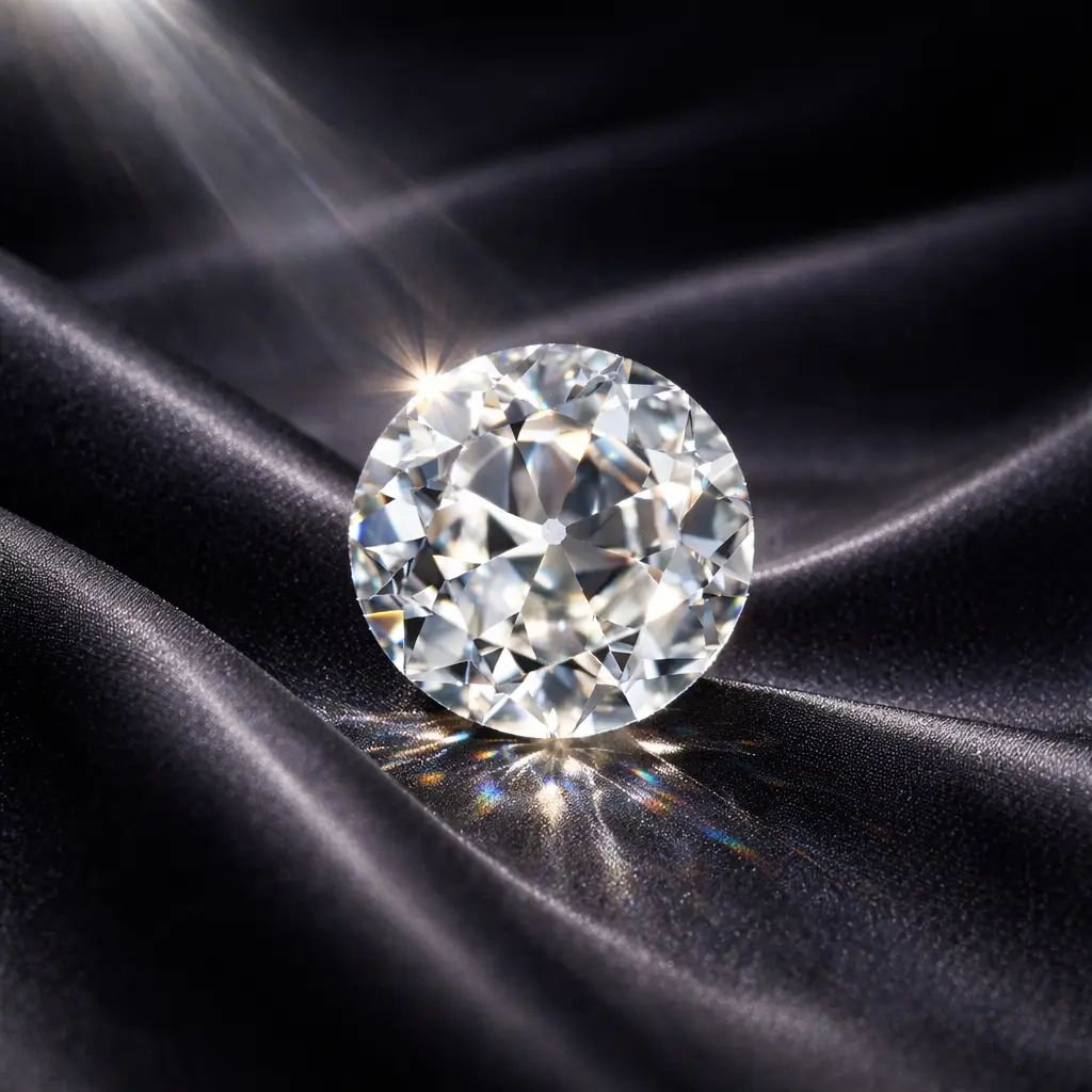 Old Mine Cut Diamond with 58 facets displaying fiery brilliance and rainbow light flashes on dark silk fabric background at Opulent Diam.
