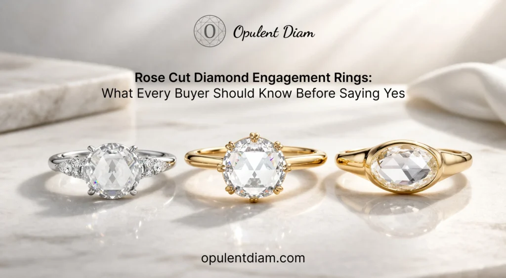 Vintage rose cut diamond engagement rings with soft glow in yellow gold and white gold by Opulent Dime.