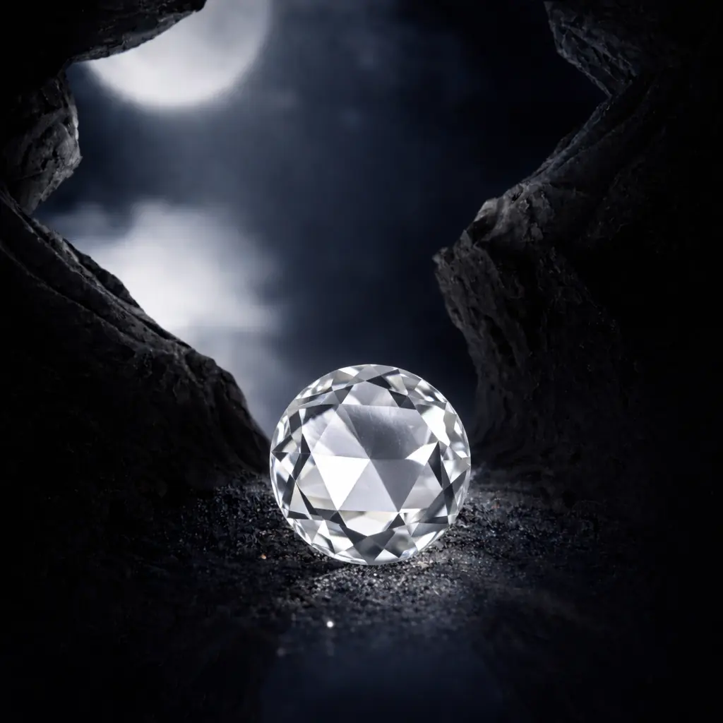 Rose Cut Diamond with domed top and soft romantic glow resting inside a dark mine cave setting showcasing its vintage antique charm beautifully.