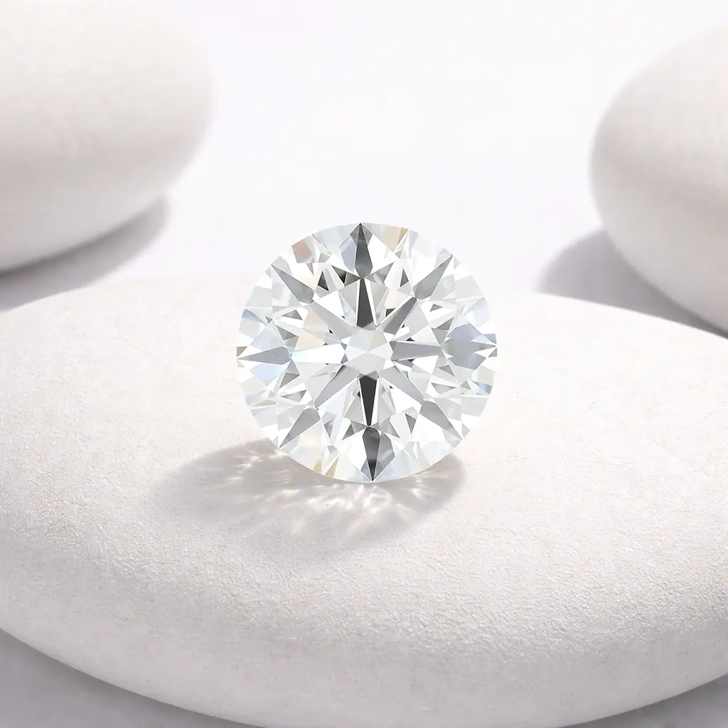 Lab grown diamond, round brilliant cut, with bright white sparkle on a white stone surface.