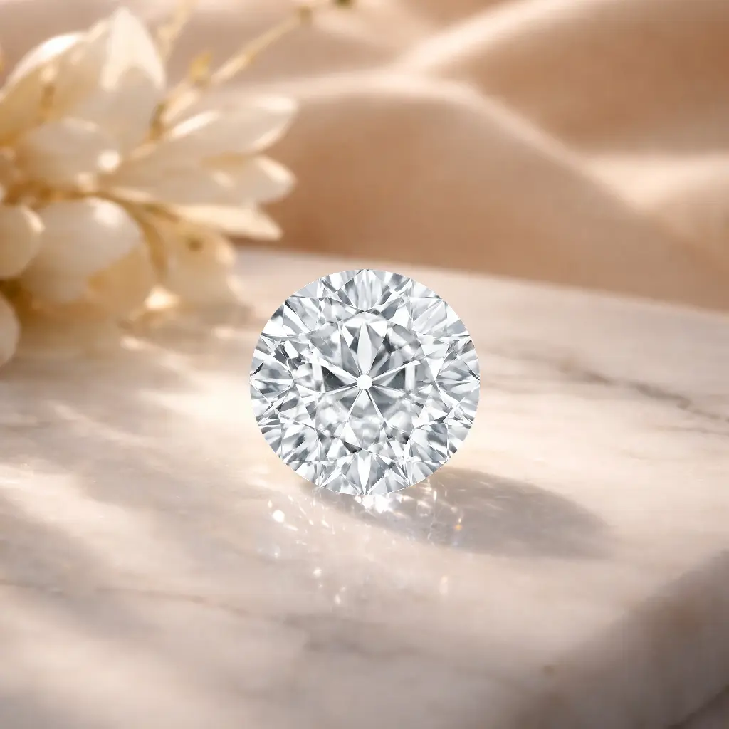 old cut diamond with a warm, romantic glow, displayed on a marble surface with flowers.