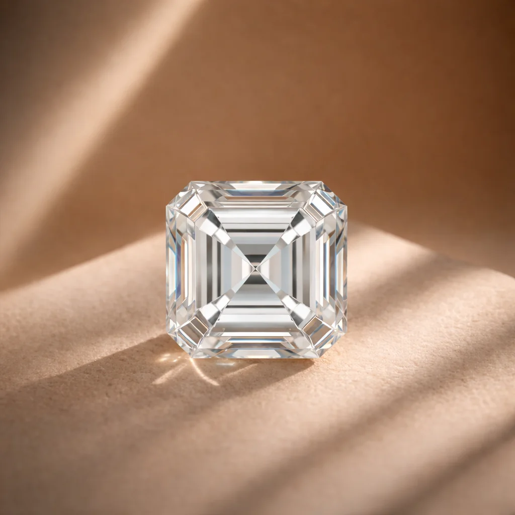 Asscher cut diamond in a square shape with deep facets and a strong vintage hall-of-mirrors effect.