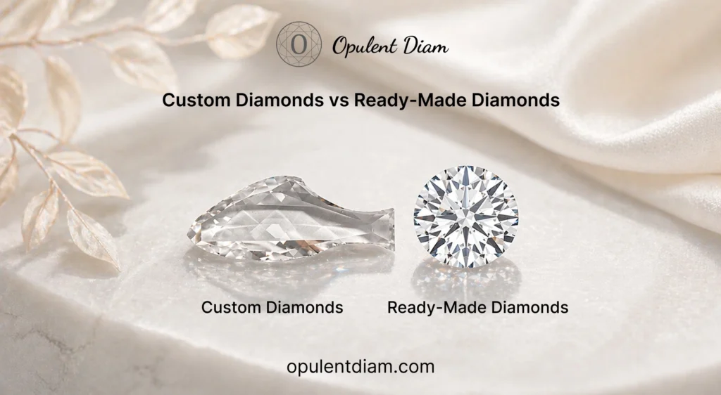 Custom Diamond vs Ready-Made Diamond visual difference displayed on fabric by Opulent Diam.