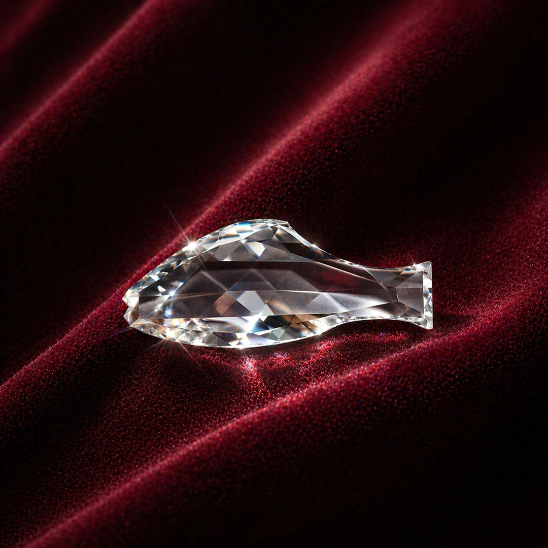 Custom Diamond in artistic fish shape sparkling on deep red velvet fabric by Opulent Diam.
