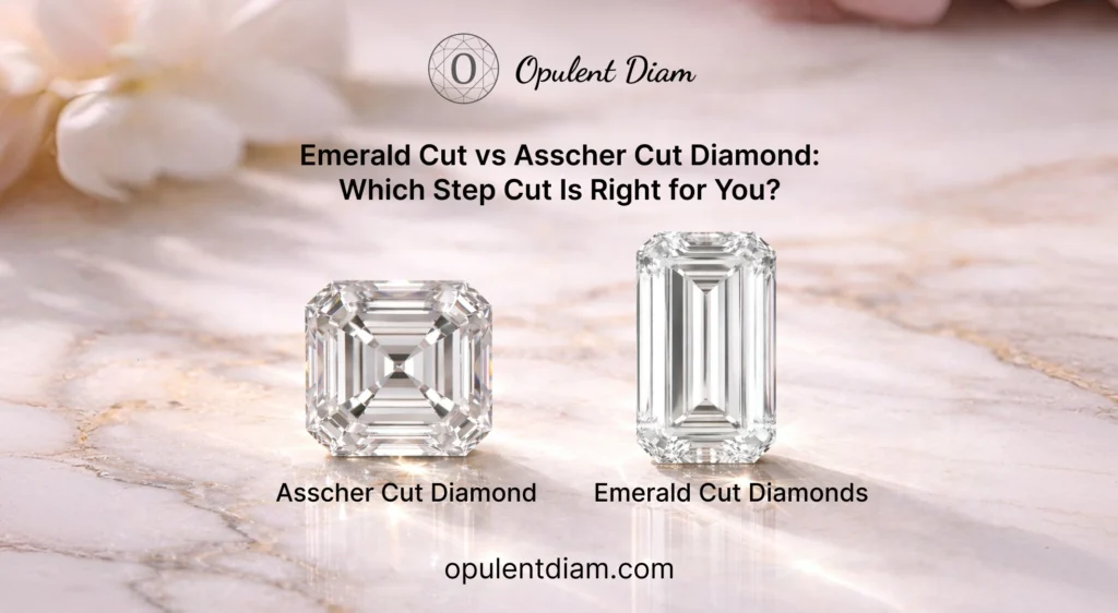 Emerald cut vs Asscher cut diamond comparison, showing step cut diamond shapes and facets clearly.