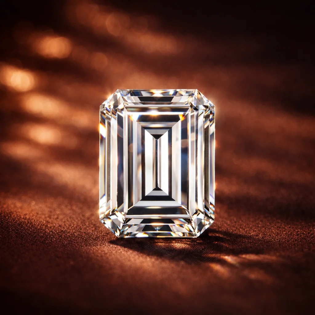 Emerald cut diamond with long rectangular facets showing the hall of mirrors effect and clarity.