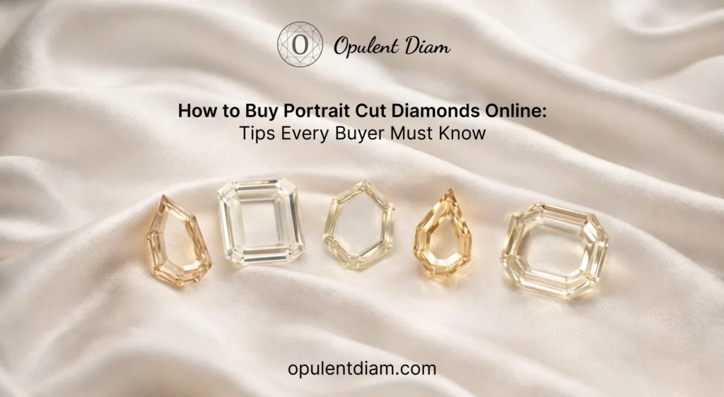 Buy portrait cut diamonds online, flat transparent portrait cut diamonds in pear, round, emerald & oval shapes on cream fabric by Opulent Diam