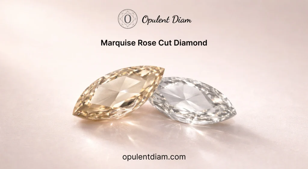 Two Marquise Rose Cut Diamonds in champagne and white color, showcasing antique dome faceting by Opulent Diam.