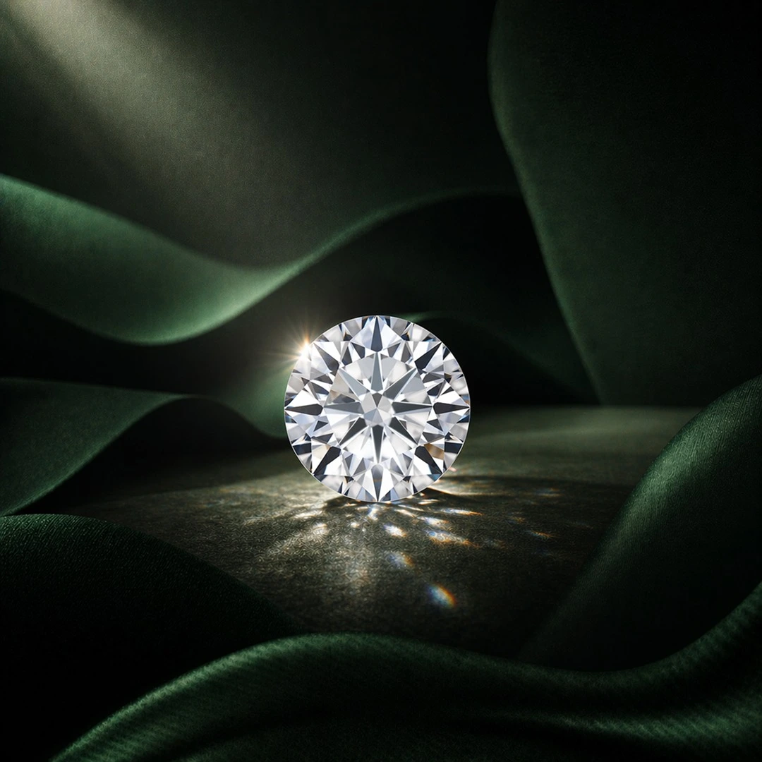 Ready-made diamond casting light reflections on a deep green silk background